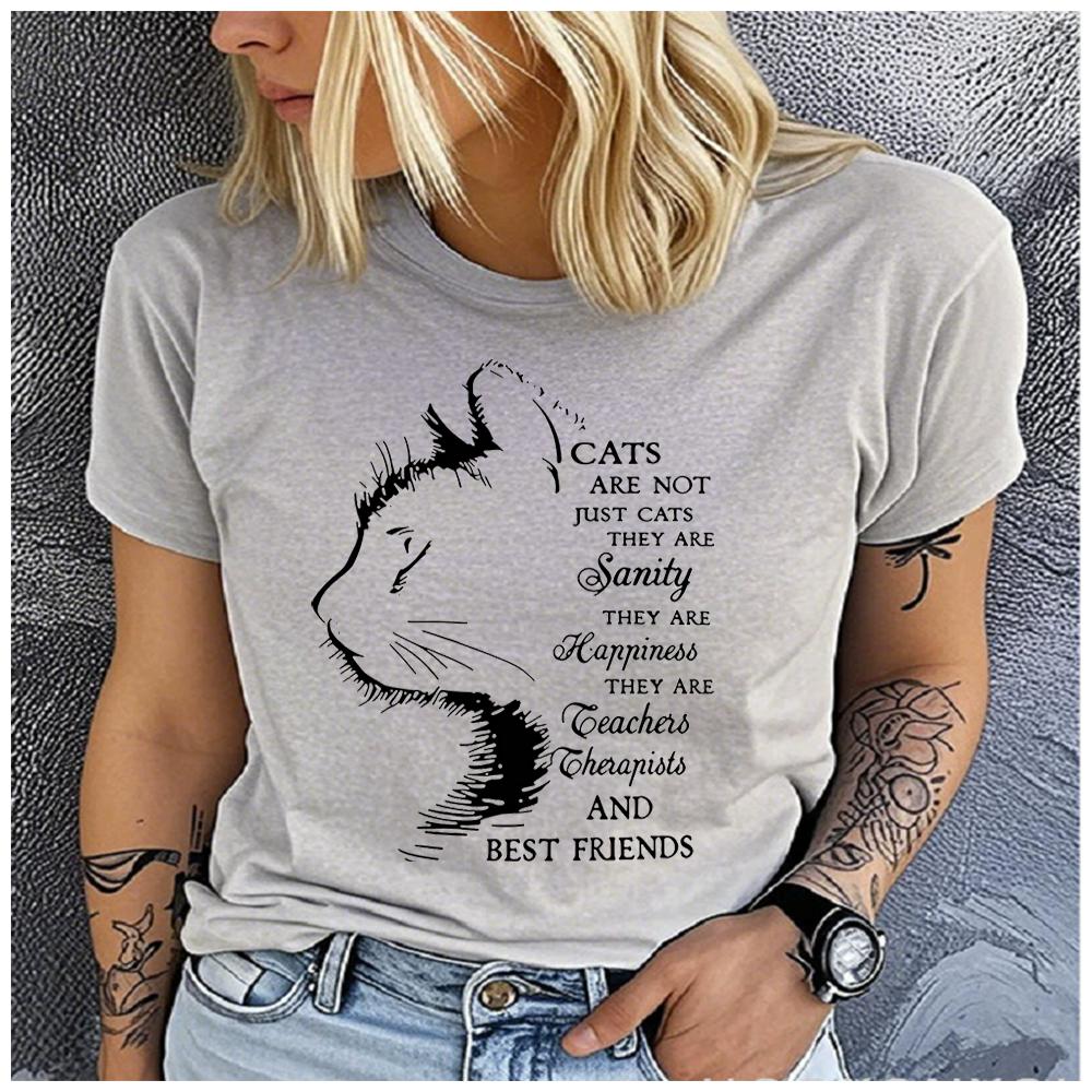 Unisex 100% Polyester Summer Top with Cat Profile Print Loose round Neck Short Sleeve Fashion for Astrology Lovers Black-White Stri