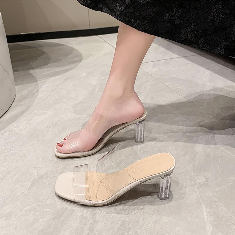 Transparent High Heels Women's Sandals Summer New Square Head Crystal Thick Heel with Fashion Large Size Cool Slippers Outside