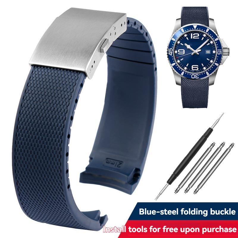 Für Longines HydroConquest L3.781/642/742/782 21mm Blaues Silikon Taucheruhrarmband - Gebogenes Ende Gummiarmband Ersatz