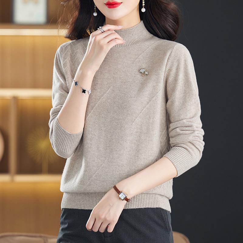 Women's Warm Wool Pullover Sweater with Half-High Collar - Loose Fit for Autumn/Winter