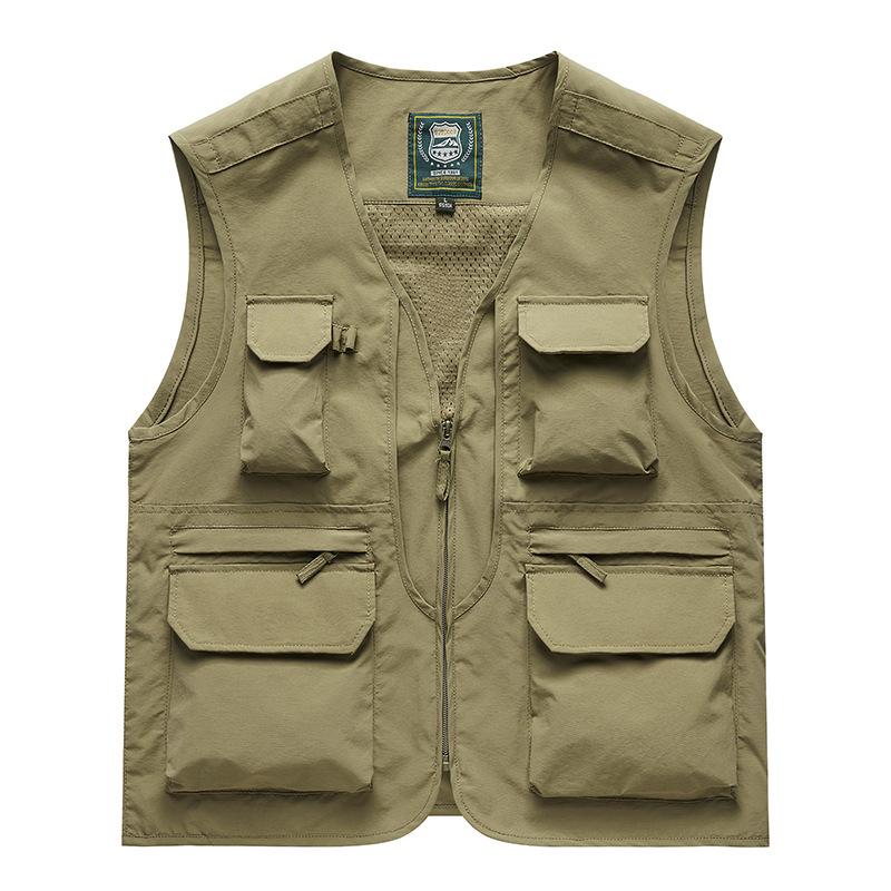 Four Seasons Middle-aged and Elderly Men's Vest Thin Sleeveless Stand-Up Collar Multi-Pocket Quick-Drying Vest Large Size Vest