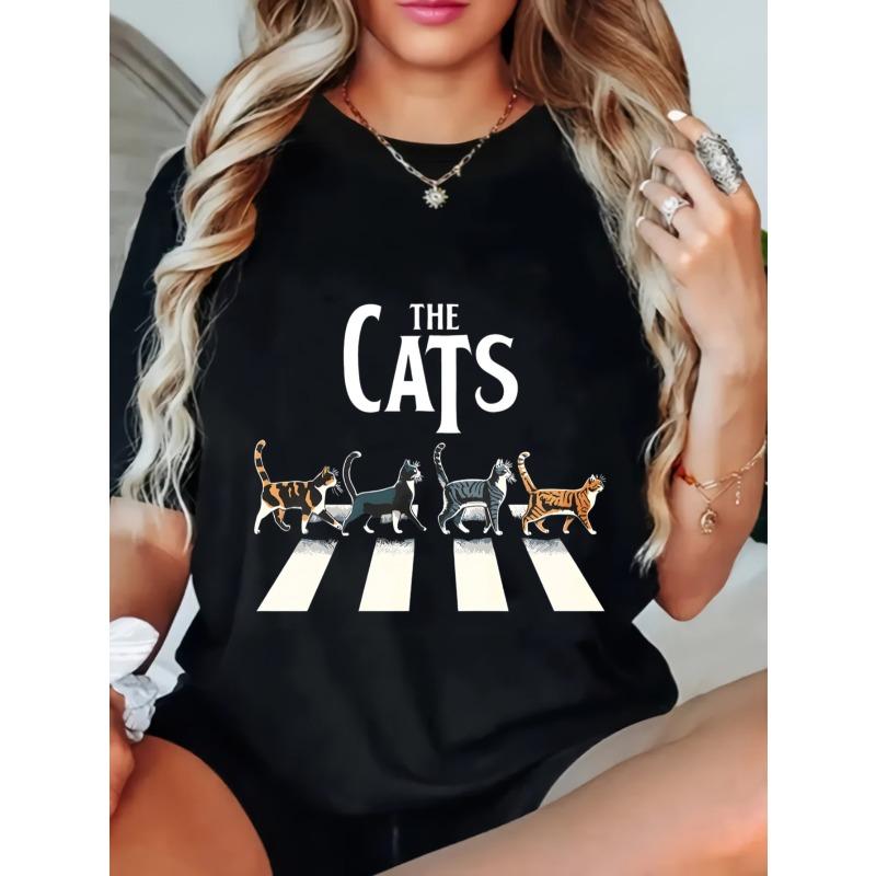 Women Casual T Shirt Black The Cats With Cats Crossing Road Print For Daily Wear And Pet Lovers