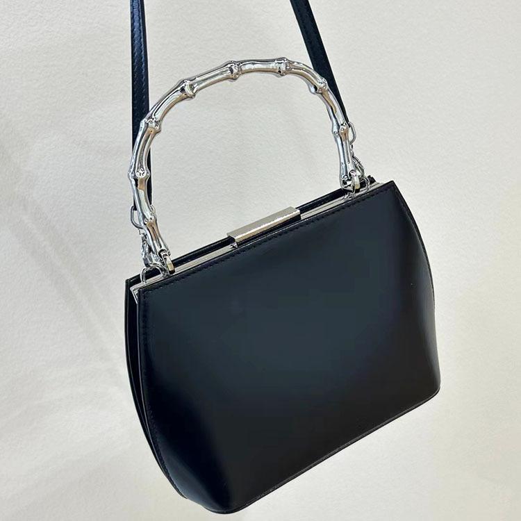 New Bamboo Bag Imported First-layer Cowhide Silver Handle Modern Frog Mouth Bag Premium Sense Portable Shoulder Dinner Bag