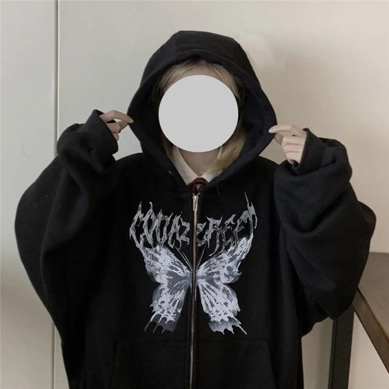 Y2k Harajuku Mikiny Dámské Podzim Zima Hip Hop Zip Butterfly Estetická mikina s kapucí Dámská Goth Punk Bunda Kabát