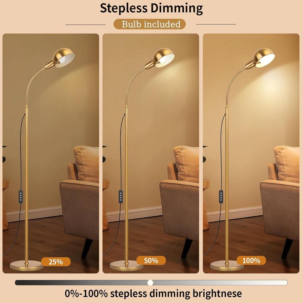 Goldene Stehleuchte mit Dimmer & Timer, Flexibler Schwanenhals, LED-Birne zum Lesen, Nachttisch, Wohnzimmer