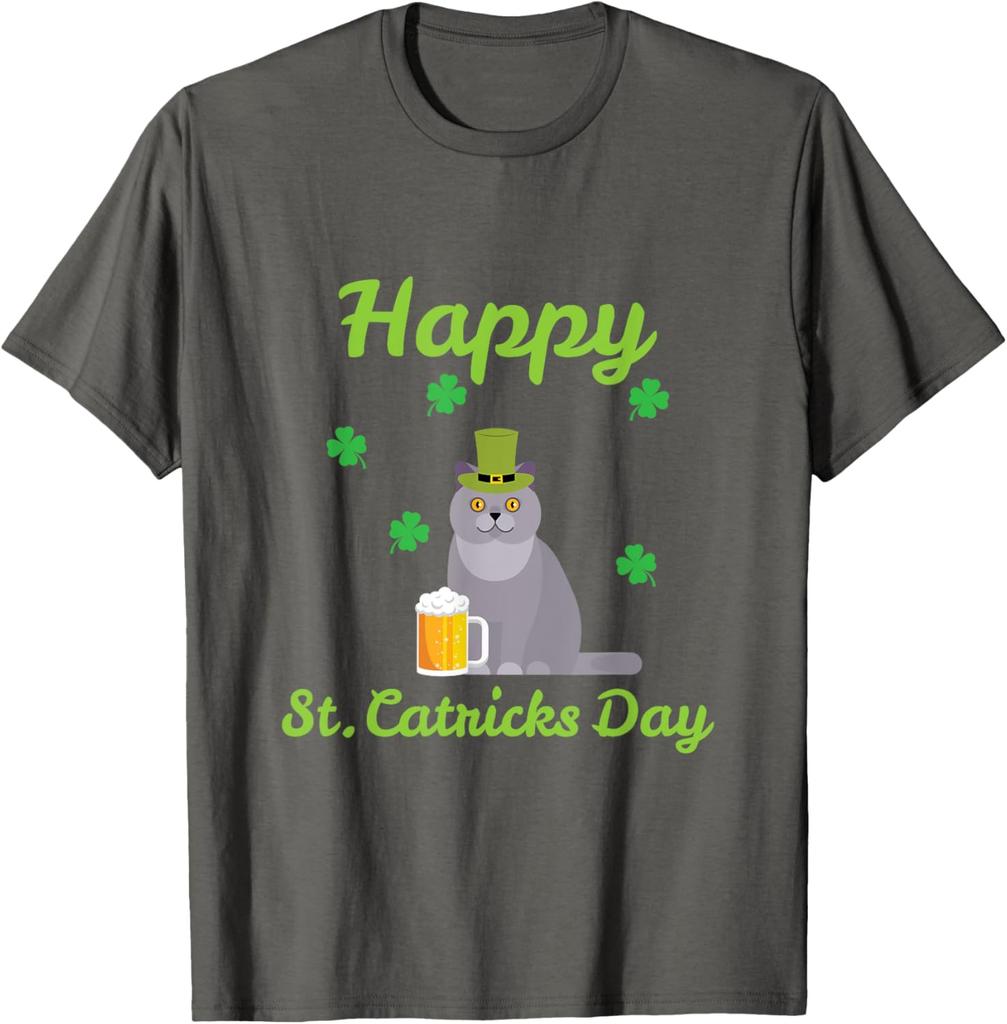 St Catricks Day Funny Cat Wearing Leprechaun Hat Beer Graphic Tee Casual TShirt
