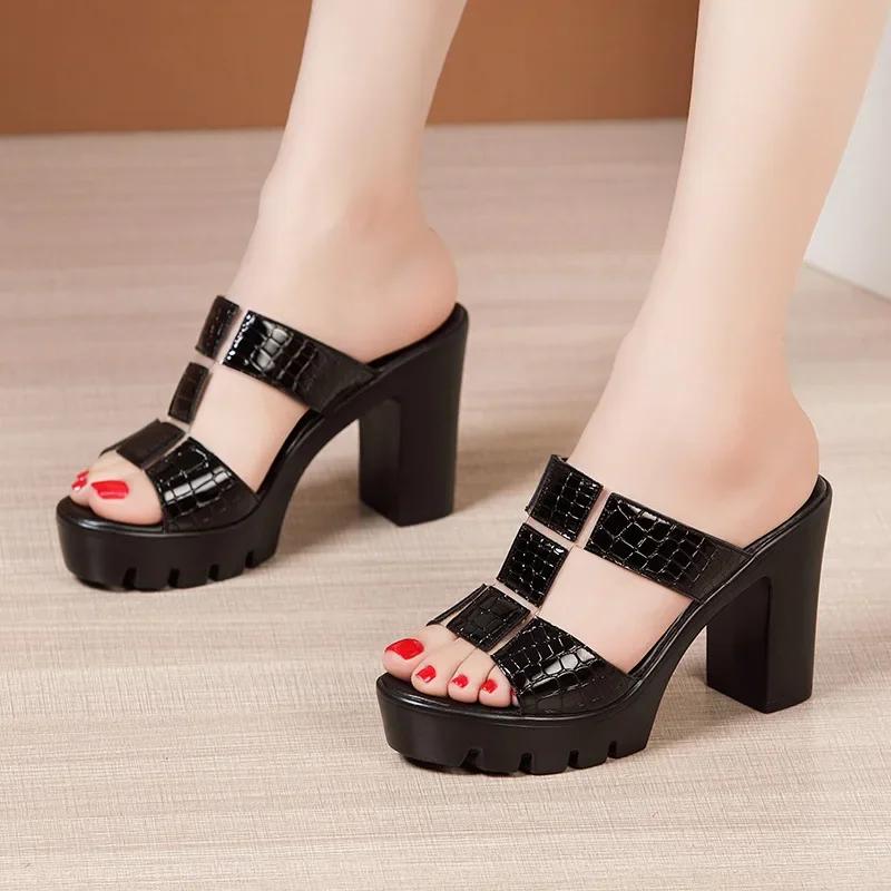 10cm Small Size 32-43 Elegant Patent Leather Shoes Summer Slippers 2026 Block High Heels Slides Women for Office Model Mom