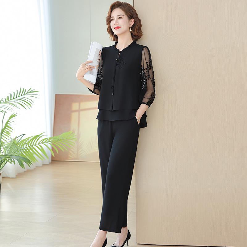 

Летний шифоновый костюм-двойка 2025 для женщин среднего и пожилого возраста 4XL (suggested for 145-155 jin) чёрный