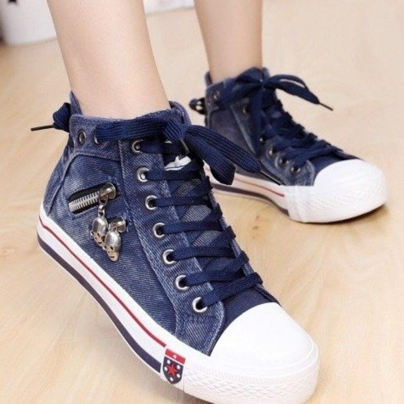 Scarpe alte in tela di jeans versione coreana da donna scarpe casual primavera e autunno nuove retrò taglie grandi scarpe da skate cerniera