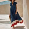 2026 Summer New European and American Style Large Size Loose V-neck Dress Contrasting Color Holiday Dress
