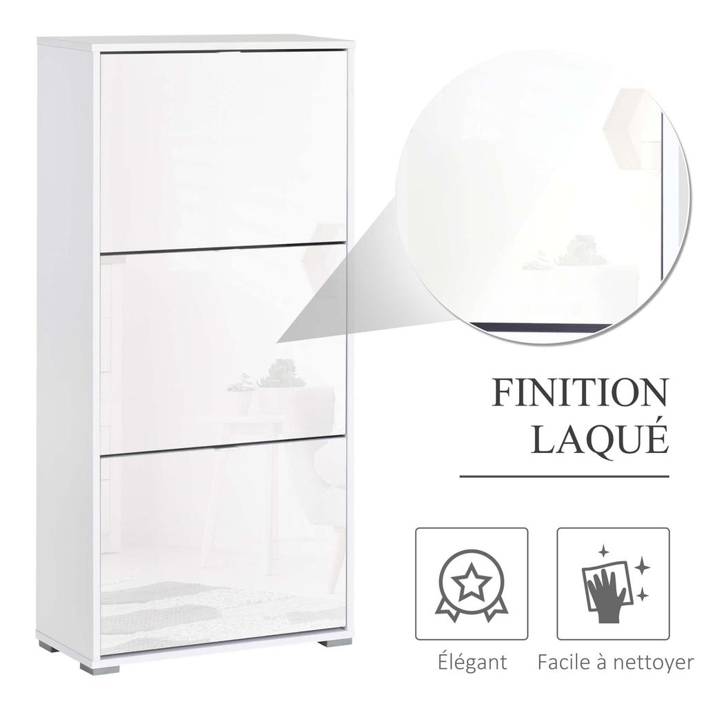 Shoe Cabinet Shoe Rack 3 Drop Down Doors 3 Compartments Wooden 60L X 26I X 124H Cm White Lacquered