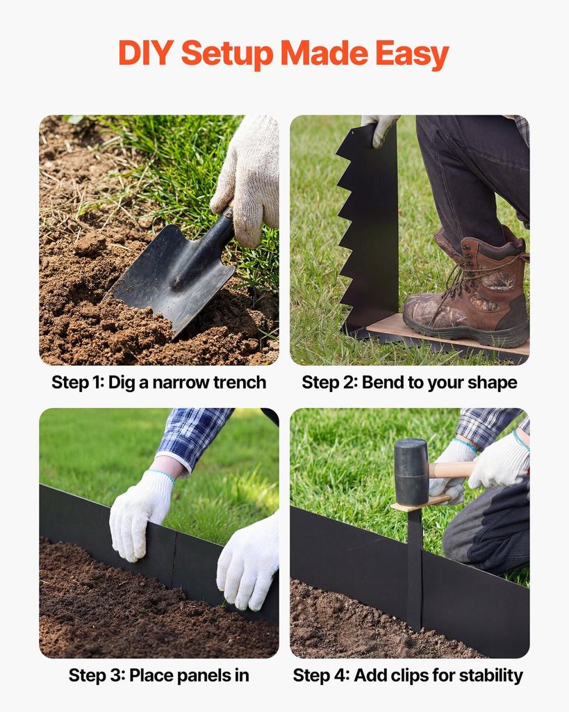 Galvanized Steel Landscape Edging, 6-Pack 1016 X 254 Mm Metal Edging for Landscaping with 8 Mounting Clips, Heavy Duty Metal Garden Edge Border for