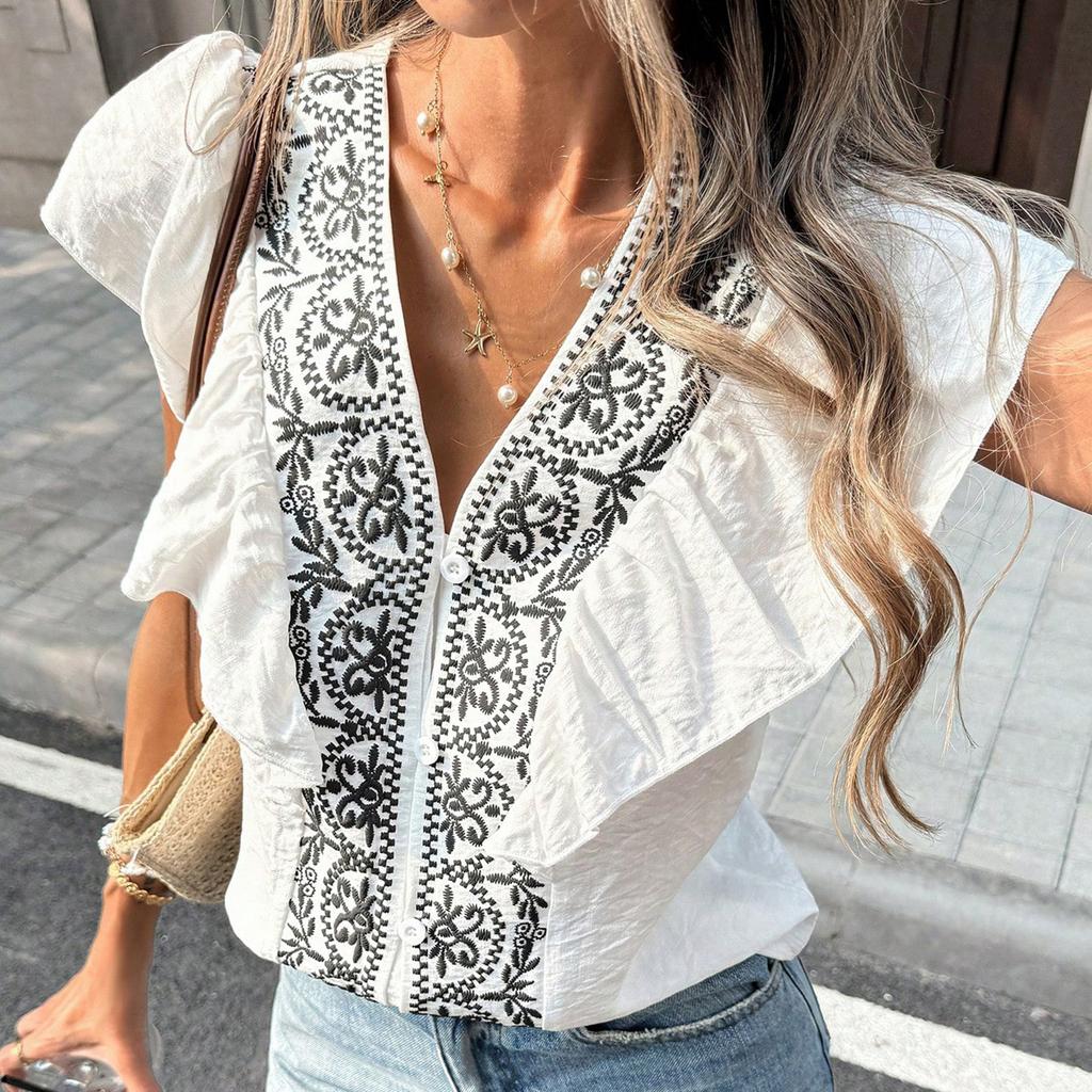 Women V Neck Ruffle Sleeve Blouse with Button Down Front and Embroidered Floral Pattern Style Short Sleeve Top for Daily Wear