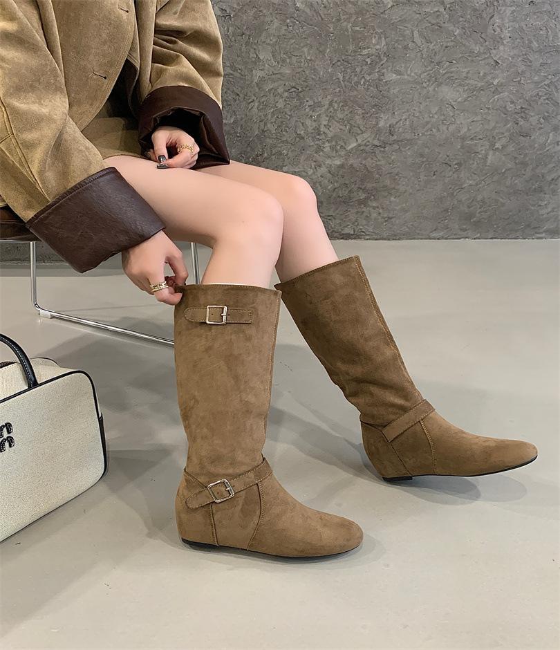 2025 new Dongdaemun, inner height increase 5cm long boots Korean fashion buckle design stacked medium boots women