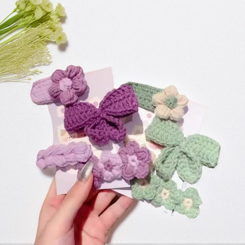 4Pcs Cute Knit BB Hair Clips, Handmade Flower Border Clips,Bow Bang Clips For Kids,Suitable For Chrismas Festival Celebration