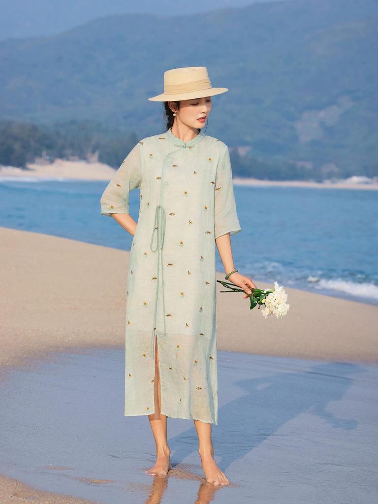 2026 Summer Women's Linen Embroidered Stand Collar Mid-Sleeve Qipao Dress with Slit