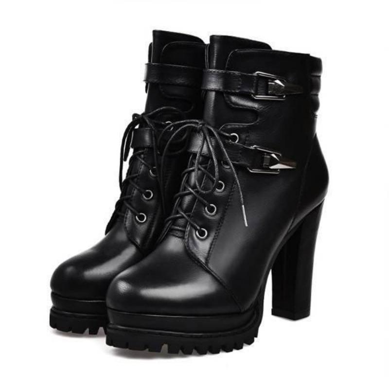 Boots Women's Thick Heel Short Boots Autumn and Winter British Style High Heel Women's Shoes with Velvet Lace Up Women's Boot Trend