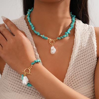 Two-piece Set Retro Imitation Pearl Stone Beaded OT Buckle Sweater Chain Vacation Style Necklace