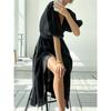 Spring Summer New Solid Color Sexy Slit Puff Sleeve Tie Waist Elegant Dress For Women European American Style