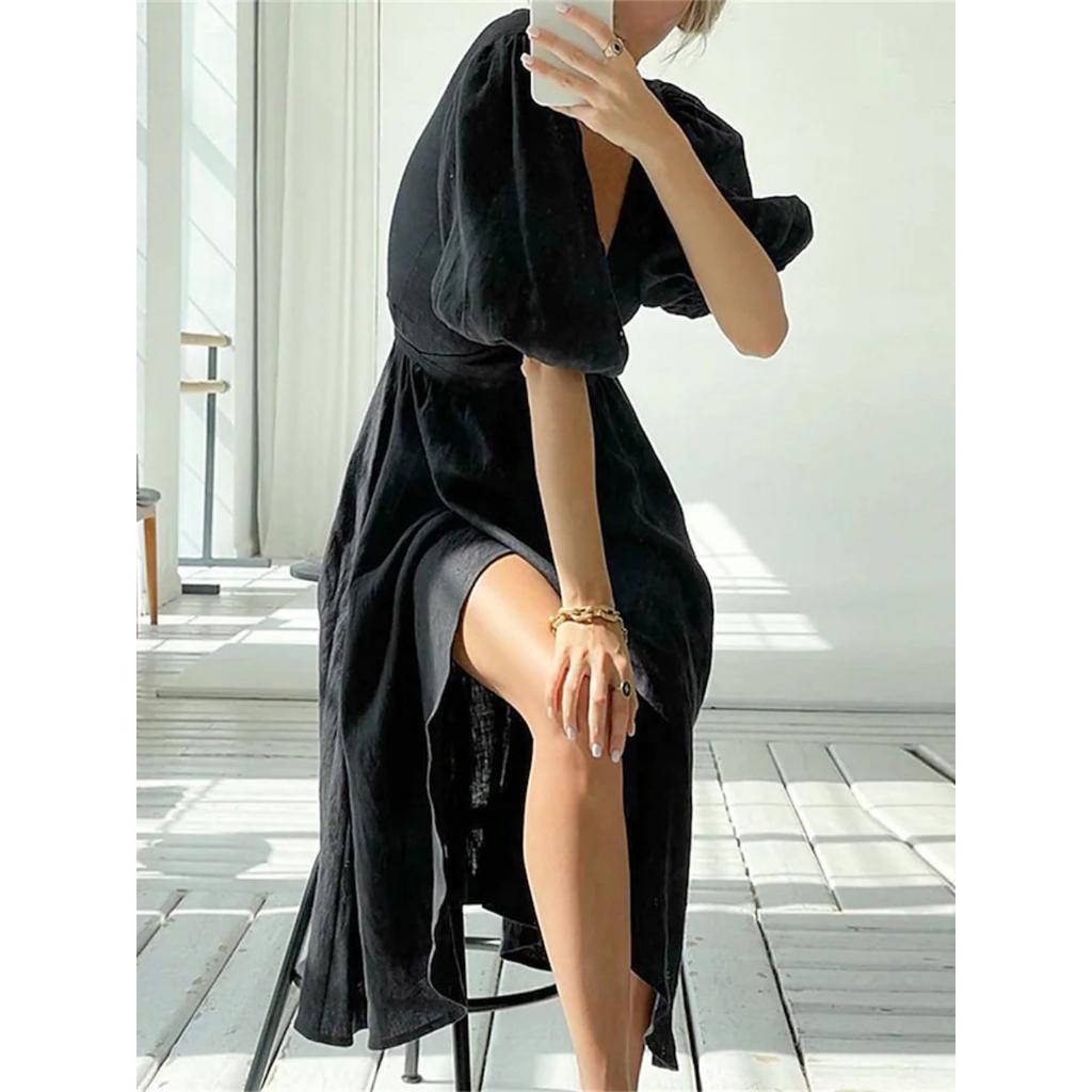 Spring Summer New Solid Color Sexy Slit Puff Sleeve Tie Waist Elegant Dress For Women European American Style