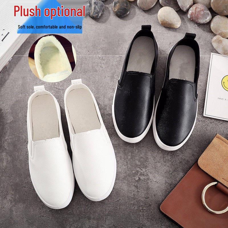 Versatile Women's White Slip-on Shoes - Autumn/Winter Flat Leather Sneakers for Nurses and Students