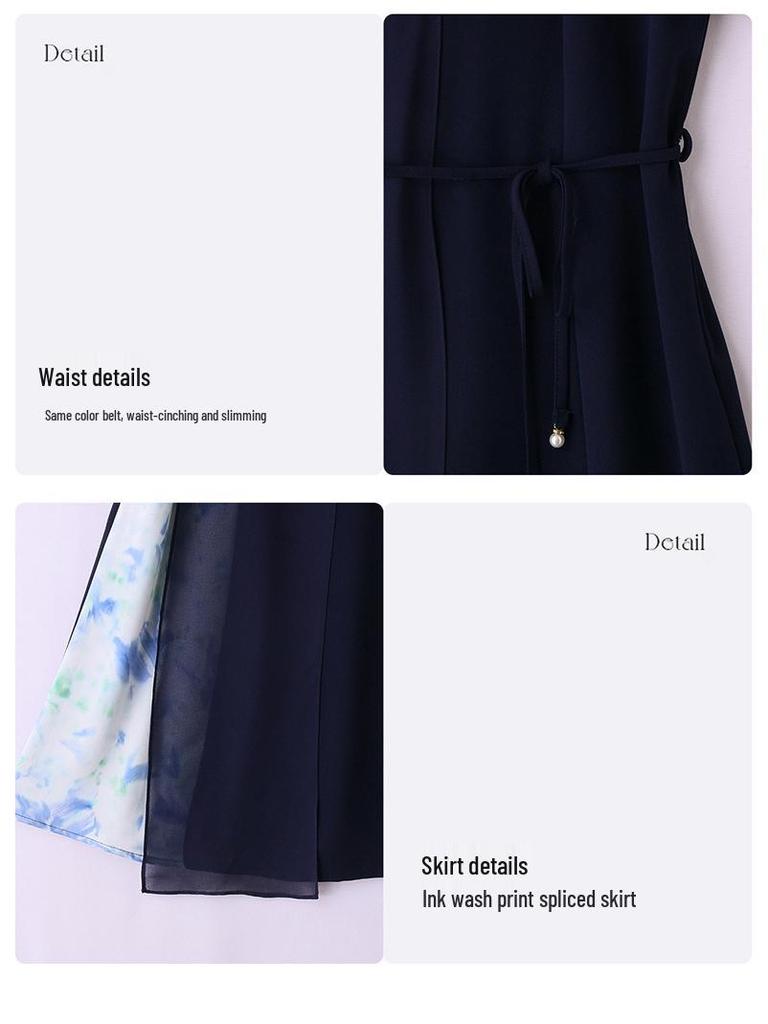 2025 Women's V-Neck Ink Print Color Block Dress with Pendant Belt