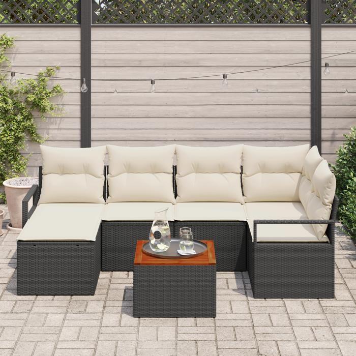 Ensemble de Canapé de Jardin 7 Pièces avec Coussins Noir Rattan Poly Acacia, Canapé de Jardin 2 Places avec Rangement 3356395