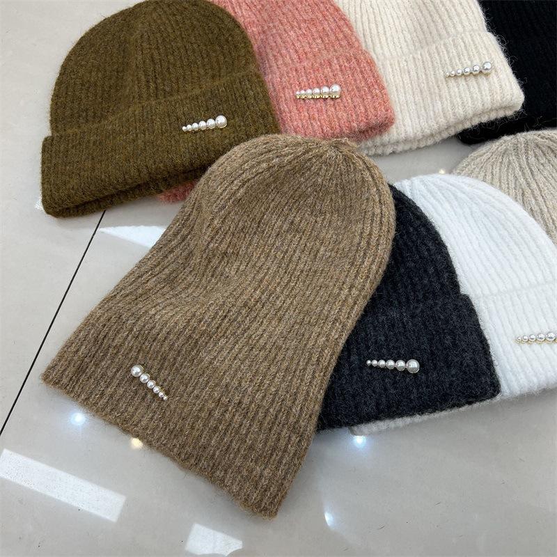 

Fashion pearl decorative wool blended wool hat women s autumn and winter warm simple vertical striped knitted cold hat M（56-58cm） темно-сірий колір