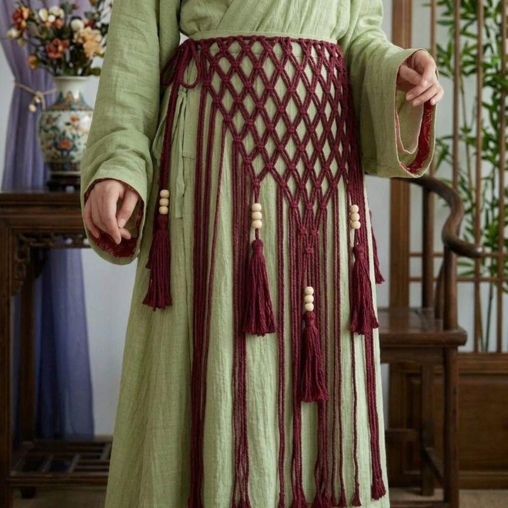 Mesh Weave Tassel Belts Retro Woven Tassel Waistband Casual Bohemian Style Belts Waist Accessories