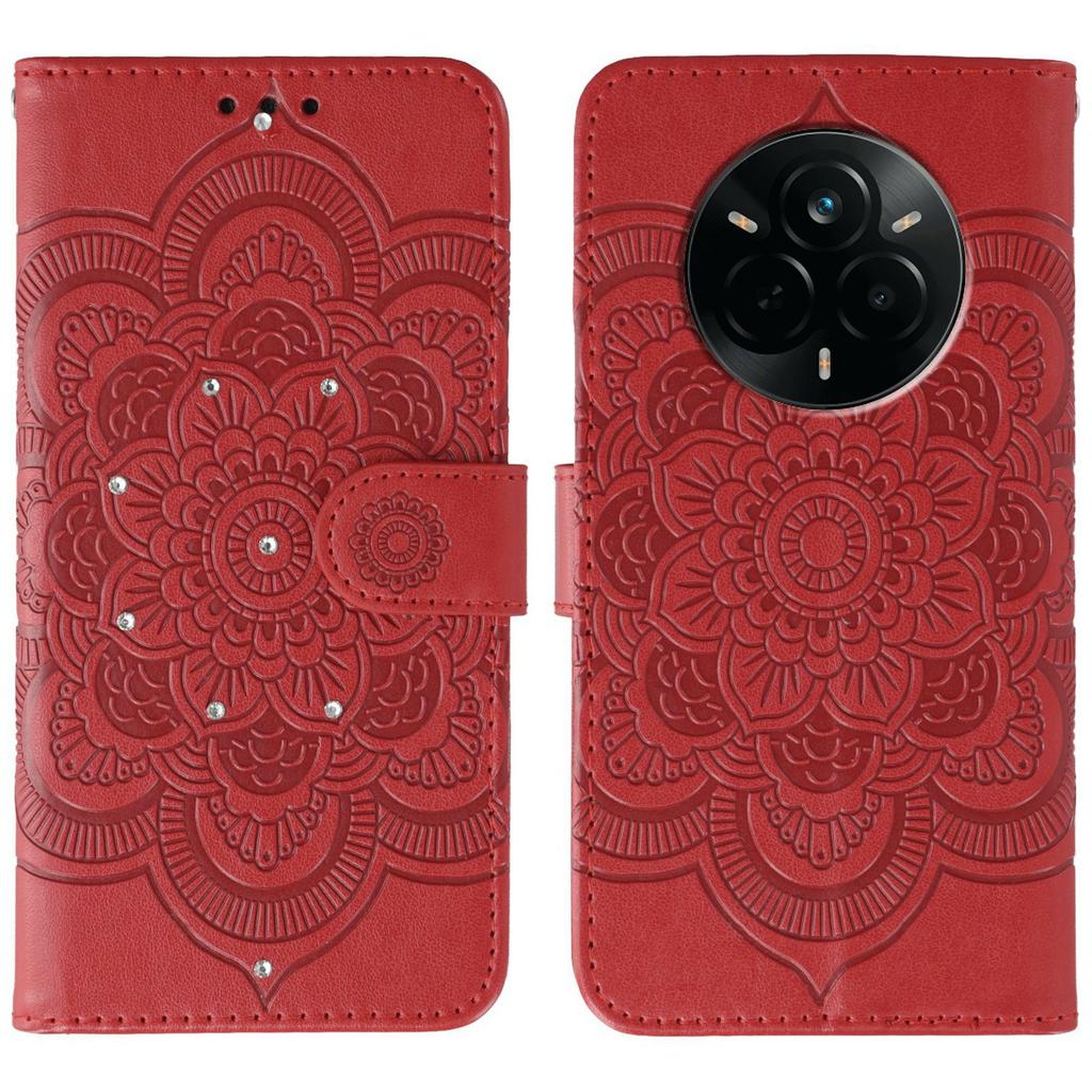 For Realme 14 Pro 5G Case Rhinestone Decor PU Leather Mandala Imprinted Design Phone Cover with Wrist Strap