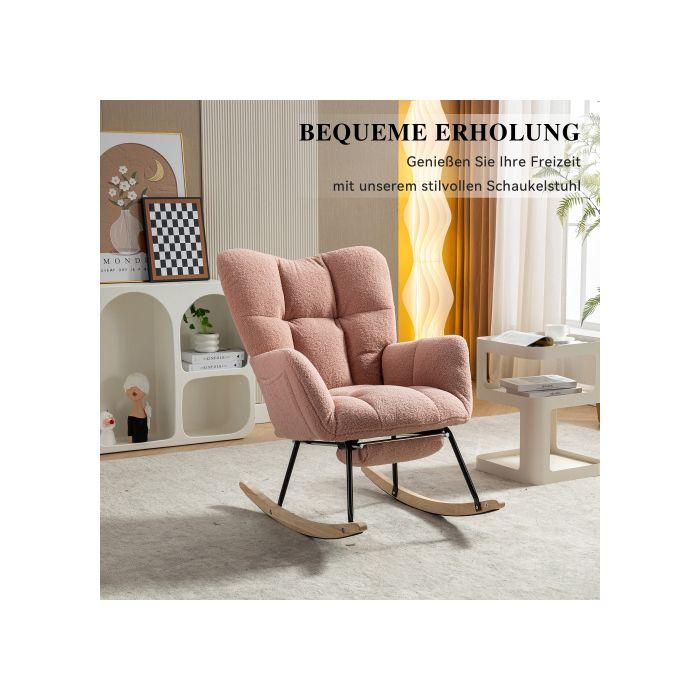 Nouveau fauteuil à bascule moderne avec rembourrage et tissu peluche, avec repose-pieds extensible, rose