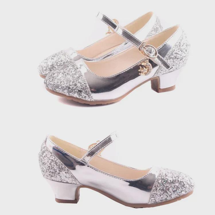 Frozen Silver Korean High Heel Princess Shoes for Girls - Leather Elsa Dance Shoes