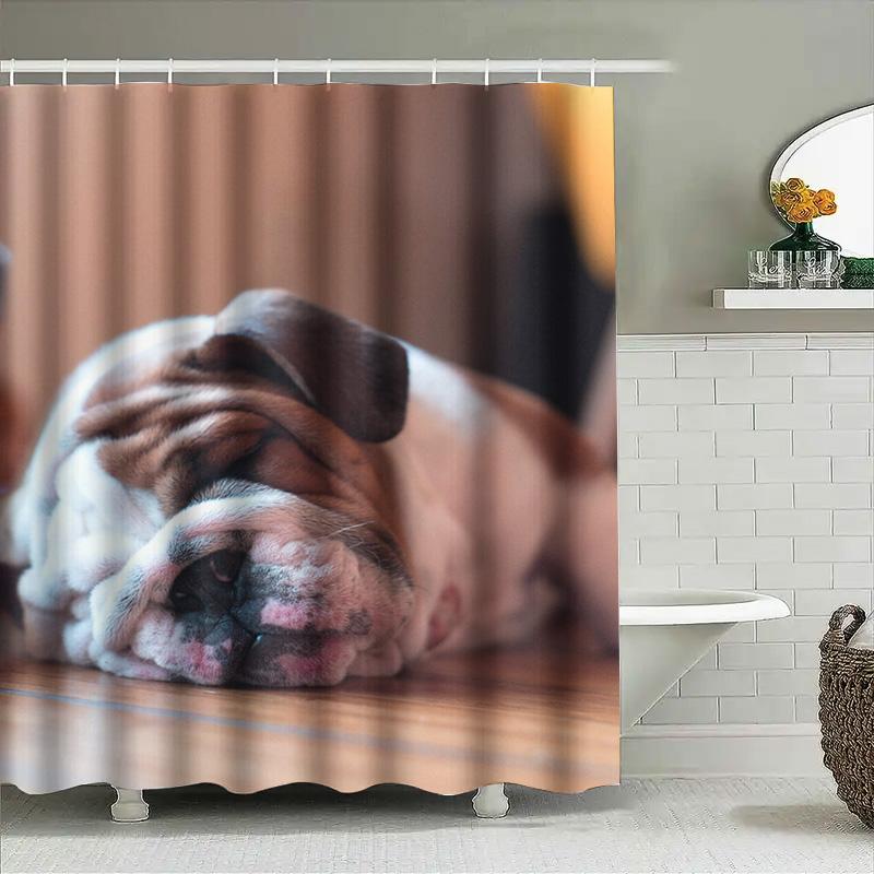 Bathroom Decor Shower Curtain Featuring A Cute Dog'S Nap Scene With Warm Colors For Home Decor Purposes This Shower Curtain Adds