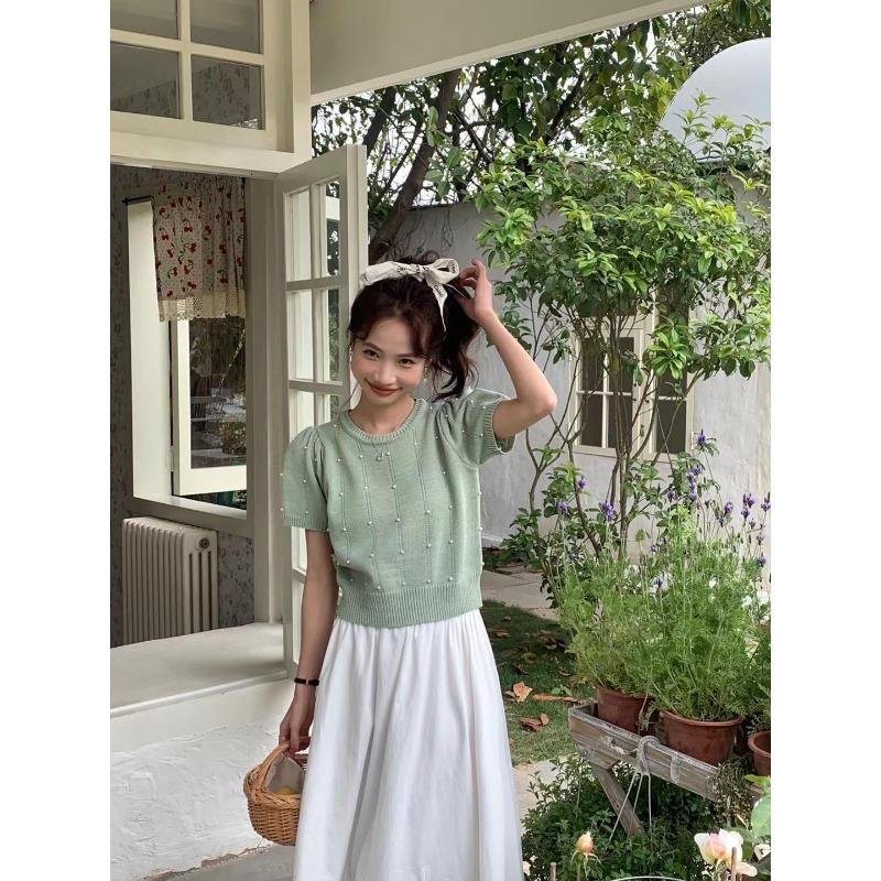 Women Elegant Pearl Decor Puff Sleeve Knit Short Sleeve T Shirt
