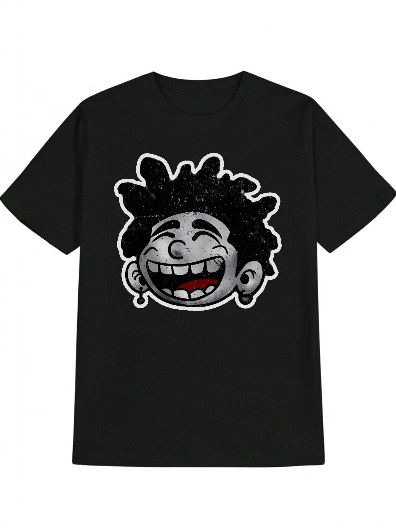 

Casual Versatile Round Neck T-shirt with joyful Face and Big Eyes Print XL