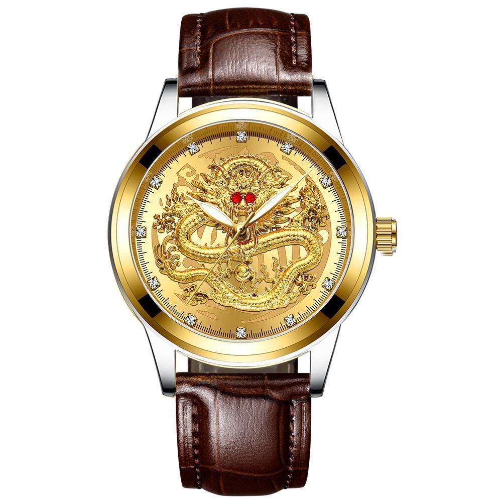 FNGEEN Men's Watch Light Luxury Relief Golden Dragon Watch Waterproof Diamond Inlaid Ruby Mens Quartz Watch