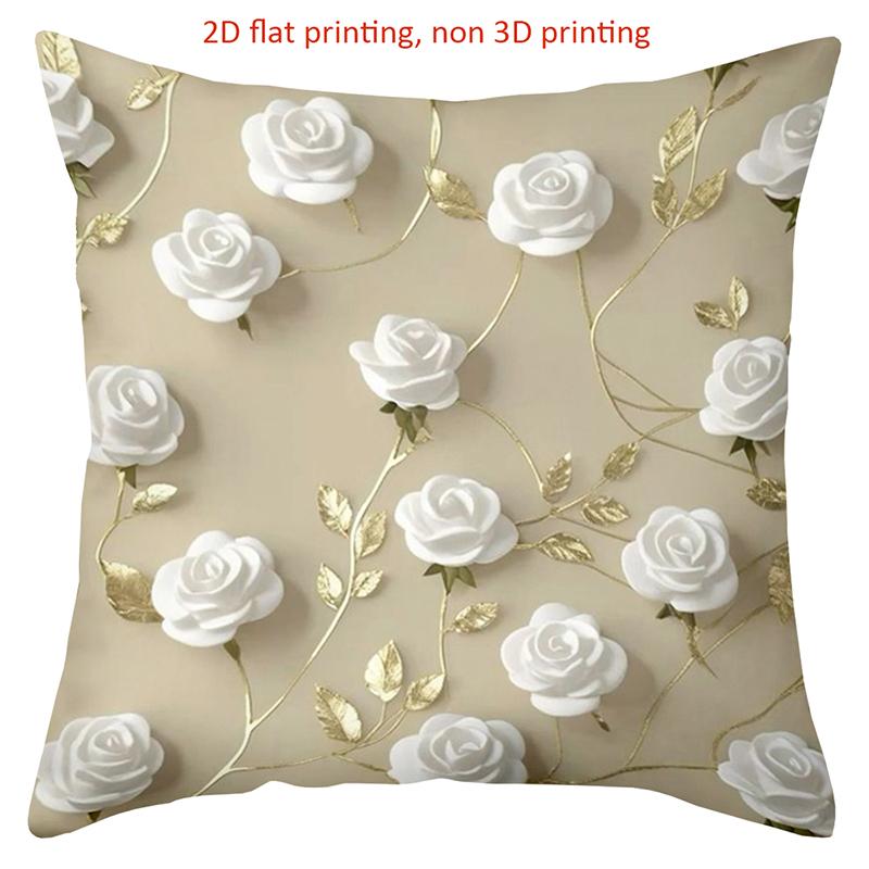 1 Pieces Beige Pillow With White Roses And Gold Leaves Polyester Pillowcase, Sofa Decorative Cushion Cov Headboard Pillow