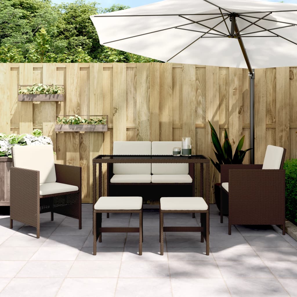6 Piece Outdoor Dining Set with Cushions Brown Poly Rattan