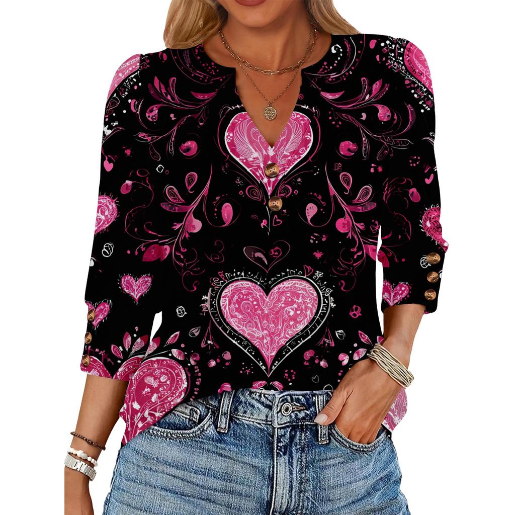Women's Loose 7-inch Sleeve Top with Heart Print