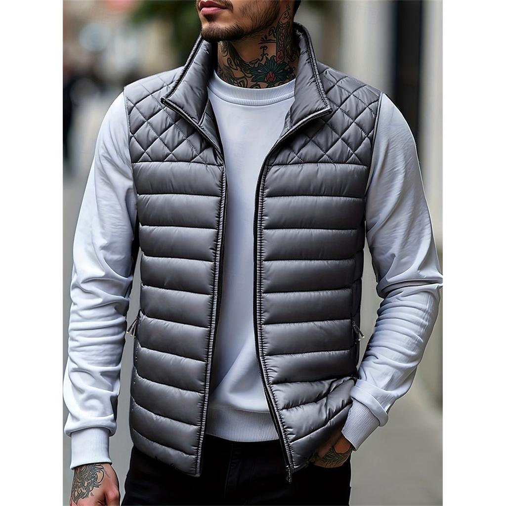Men's Solid Color Fleece-lined Zip-up Vest, Stand Collar, Sleeveless, Outdoor Casual Warm Vest Jacket