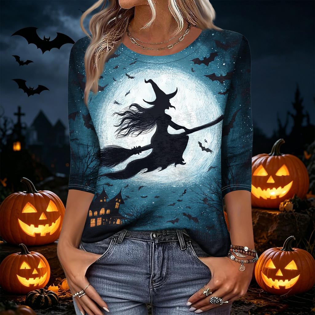 Women's Casual Halloween Printed T Shirt Crew Neck Three Quarter Sleeve Top Witch and Moon Graphic Design