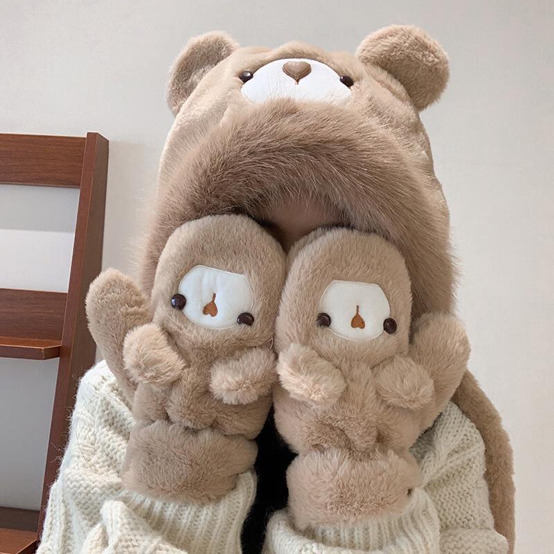 Cute Cartoon Bear Winter Warm Hat & Gloves Set