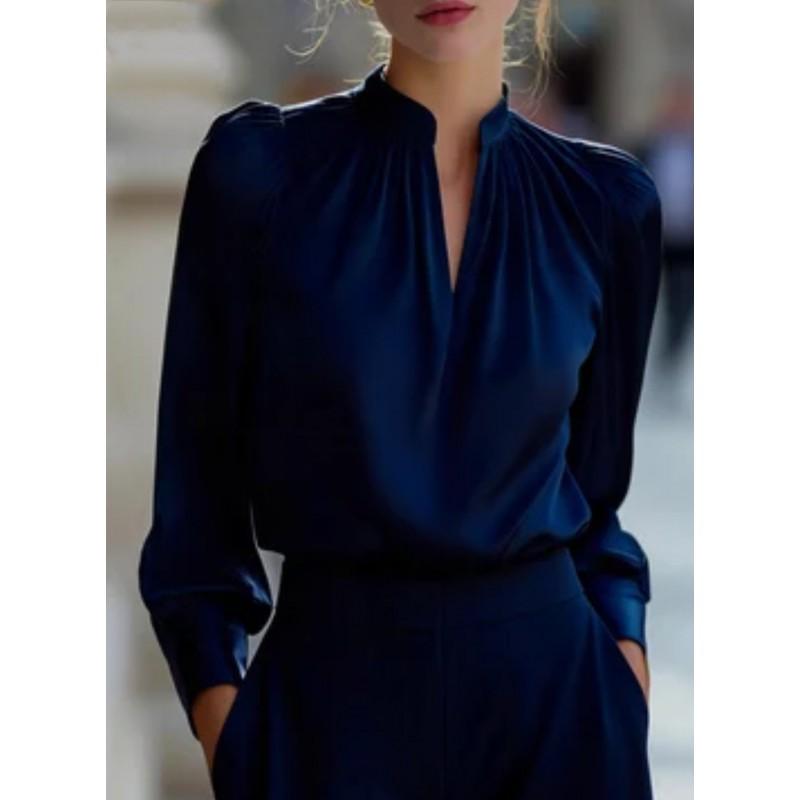 2026 Satin Stand Collar Blouse With Puffed Sleeves Long Sleeve Womens Office Wear
