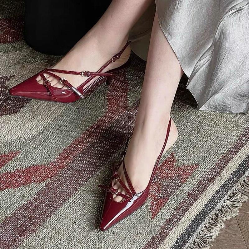 Fashion 2025 New Patent Leather One-Line Buckle Cat Sandals Women'S Black Silk Pointy Stiletto Heels