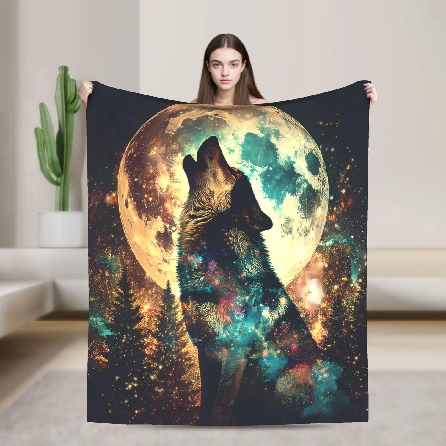 Плед  Воющий на луну волк  - Мягкий флисовый плед  Северное ночное небо 70x100cm