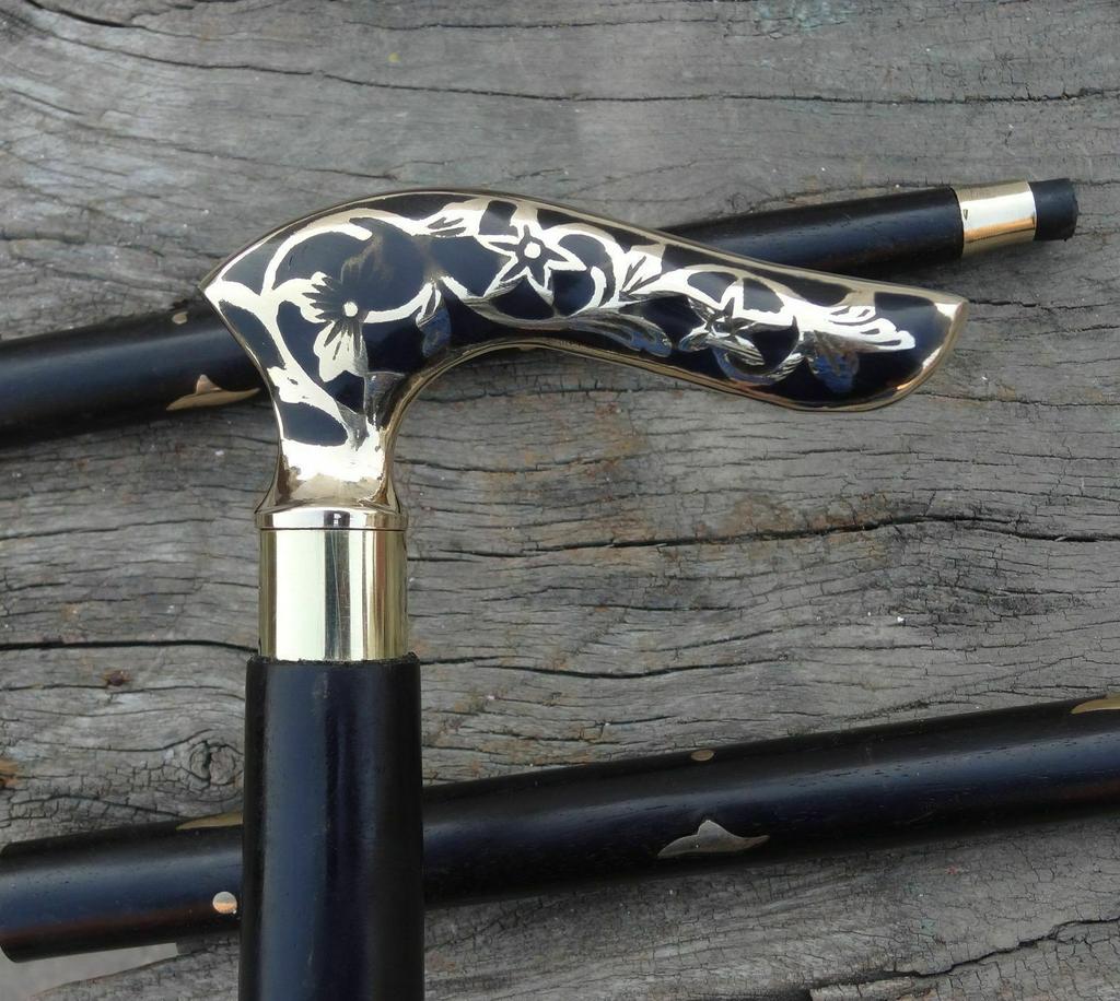 Antique Style Victorian Vintage Designer Brass Handle Cane Wooden Walking Stick