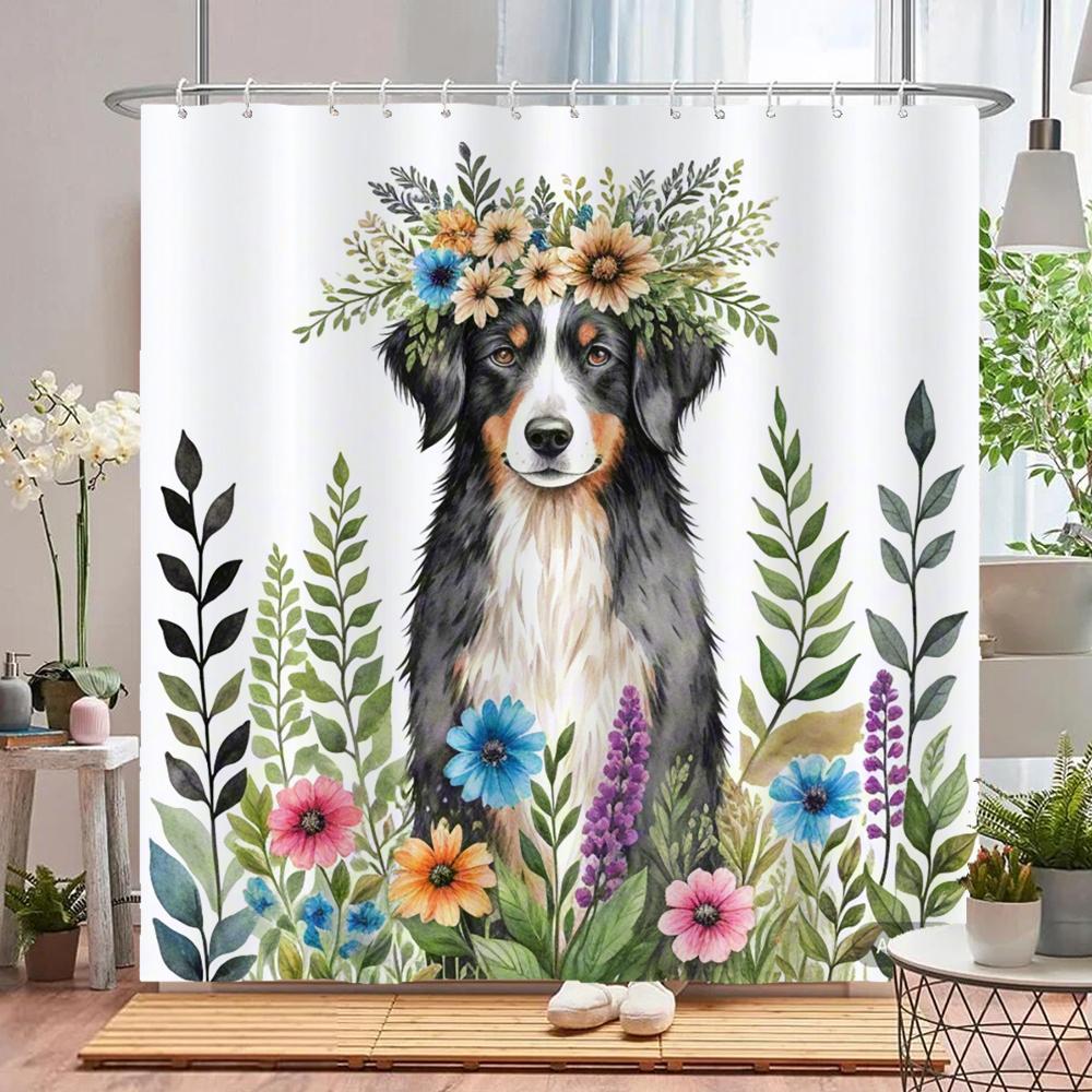 

Flowers Dog Shower Curtain With Hooks Home Decor For Watercolor Plants And Floral Bathroom Curtain Polyester Fabric Bath Curtain W60H190(CM)-1 Pcs