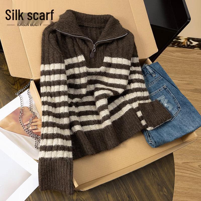 Women s Striped Color Block Turn-down Collar Sweater One Size