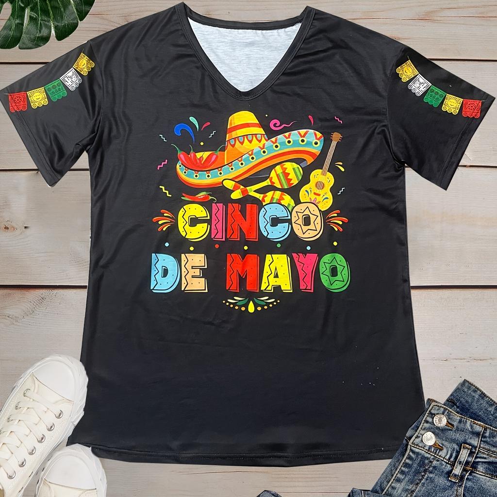 T-Shirt mit Cinco De Mayo-Print, lässiges Kurzarm-Oberteil mit V-Ausschnitt für Frühling und Sommer, Damenbekleidung
