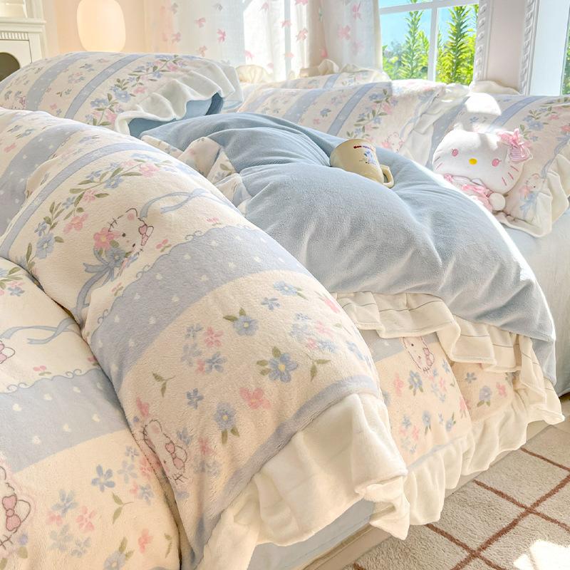 Thickened Milk Fleece Four-Piece Set, Lace Coral Fleece Quilt Cover, Bedding Fleece Bed Sheet Three-Piece Set